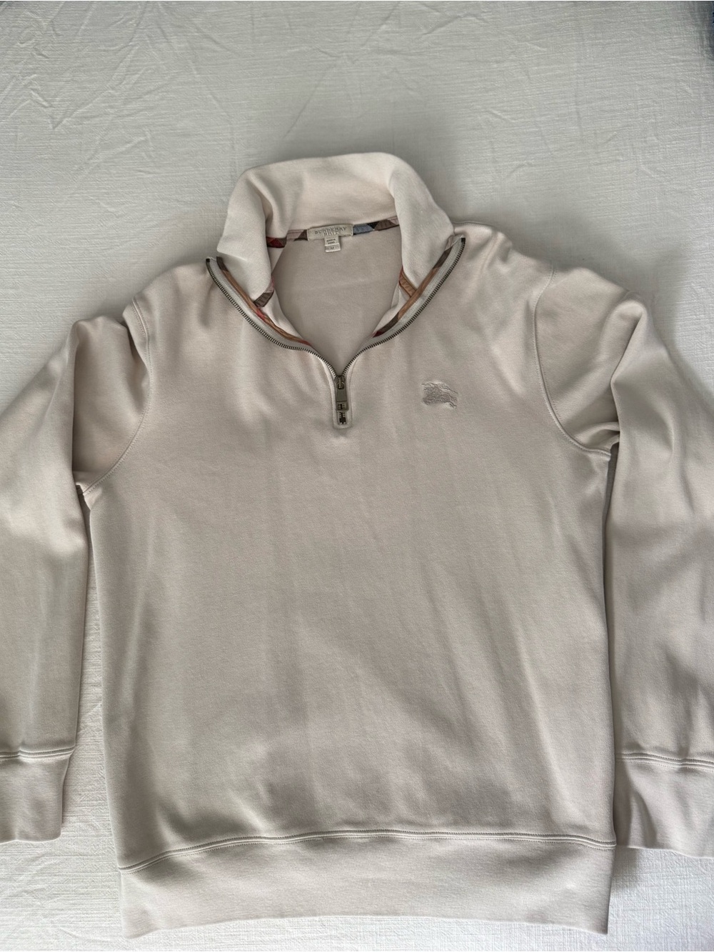 Burberry Men's Cream Zip-Up Sweater with Signature Check Trim